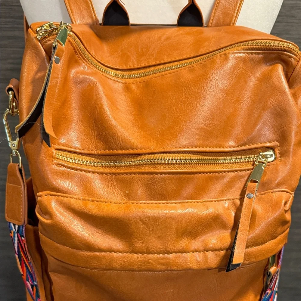 Caramel Vegan Leather Backpack with Colorful Strap